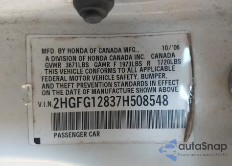 2007 Honda Civic Ex from USA, damaged, VIN 2HGFG12837H508548